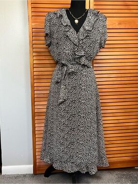 dressbarn Brown and White Animal Spot Ruffle-Trim Midi Dress